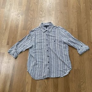 N Touch Women’s Petite Navy White Striped Rayon Long Sleeve Button Down Shirt